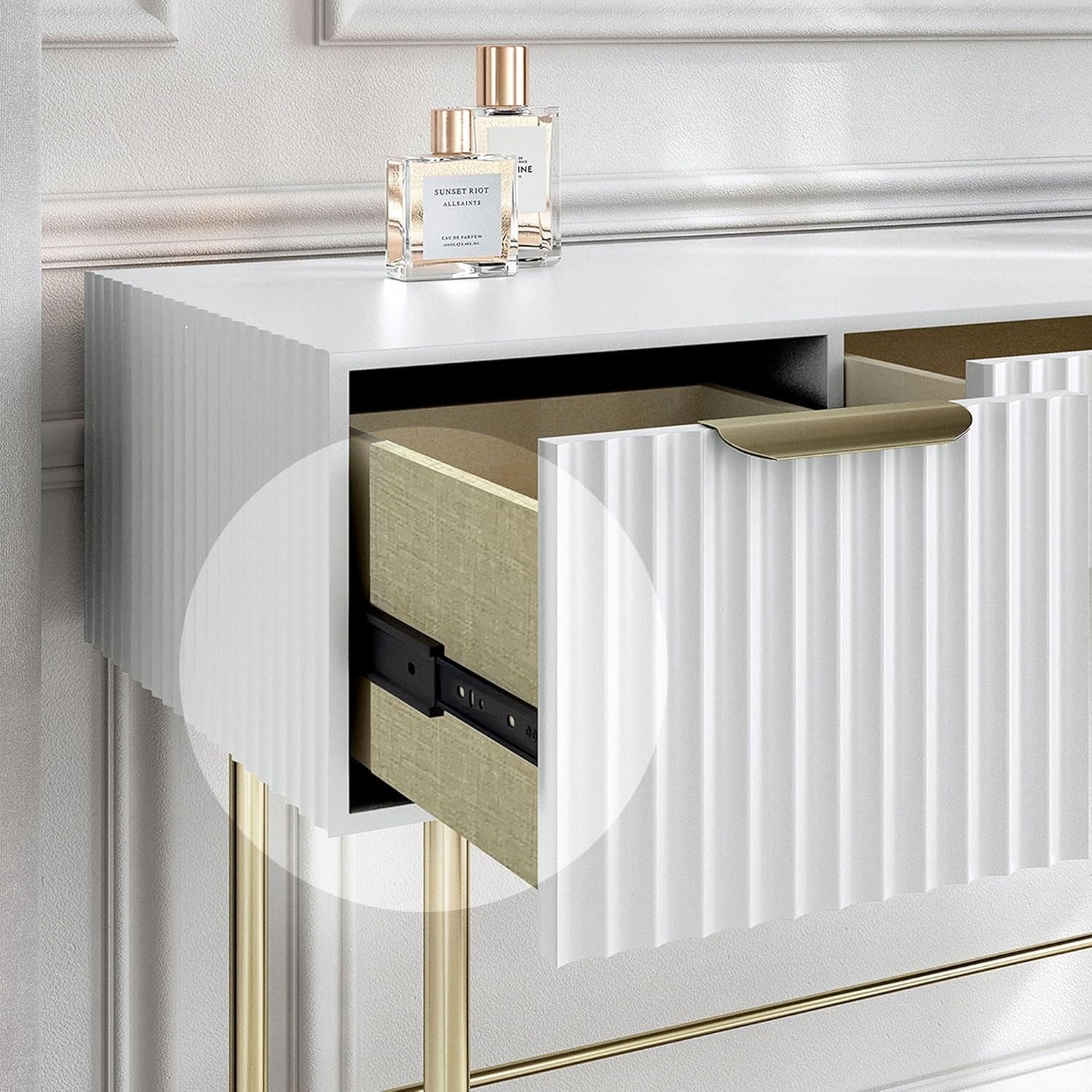White Modern Dressing Table 3 Drawer Gold Handles Desk Vanity Makeup Storage