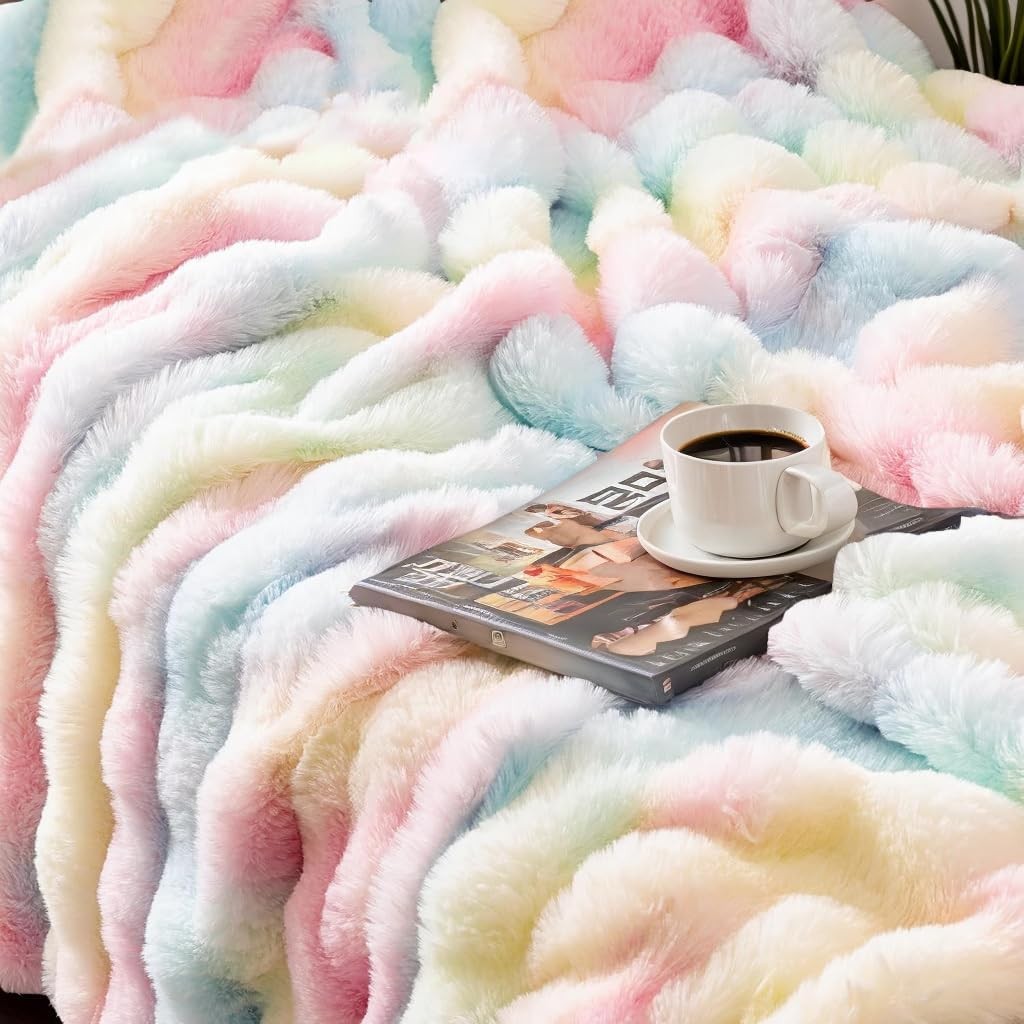 Luxury Plush Fleece Throw Blanket Thick Warm Sofa Bed Rainbow 100x160cm