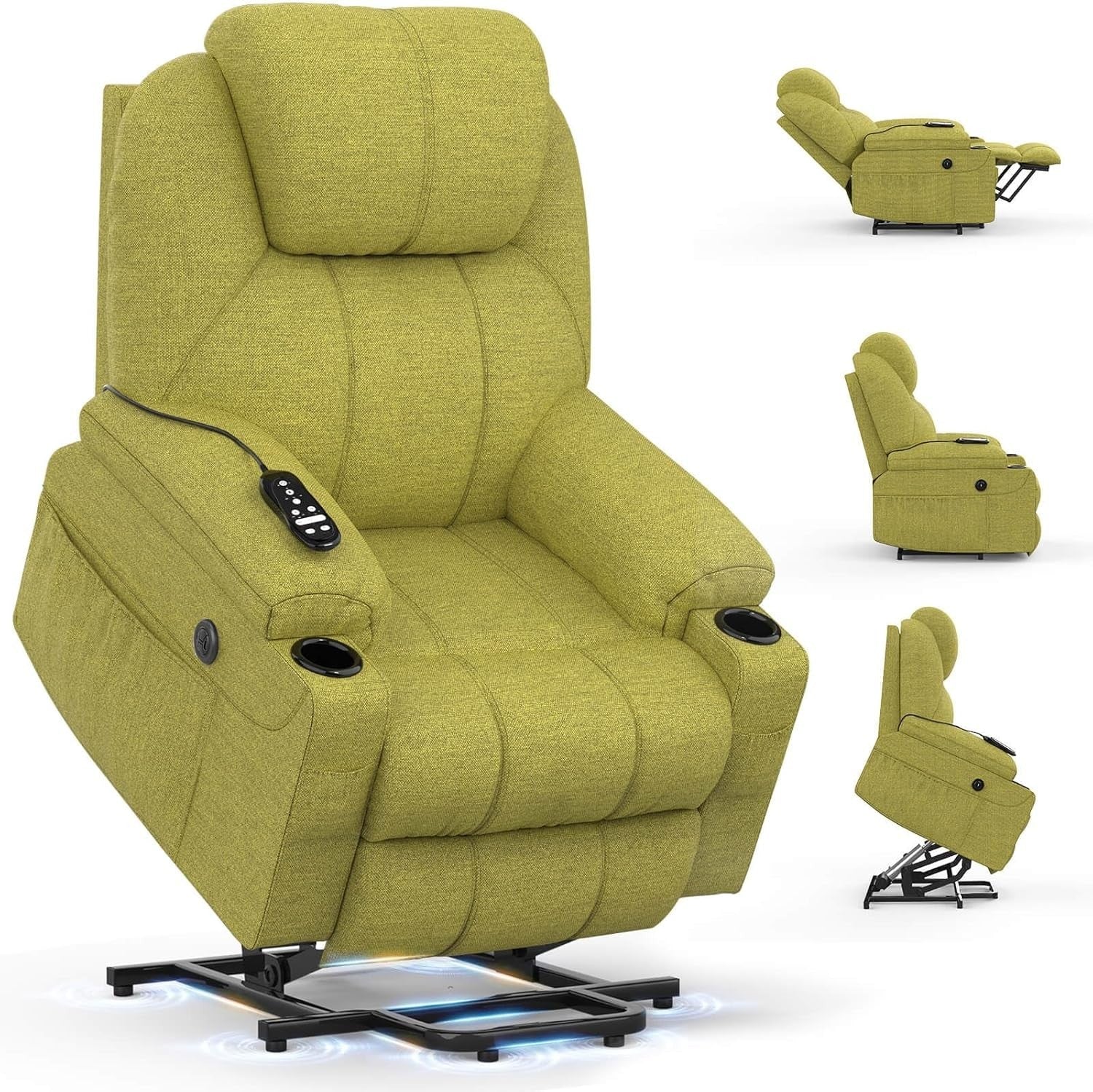Power Lift Recliner Chair Massage Heat USB Type-C Cup Holders Green Faux Leather