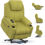 Power Lift Recliner Chair Massage Heat USB Type-C Cup Holders Green Faux Leather