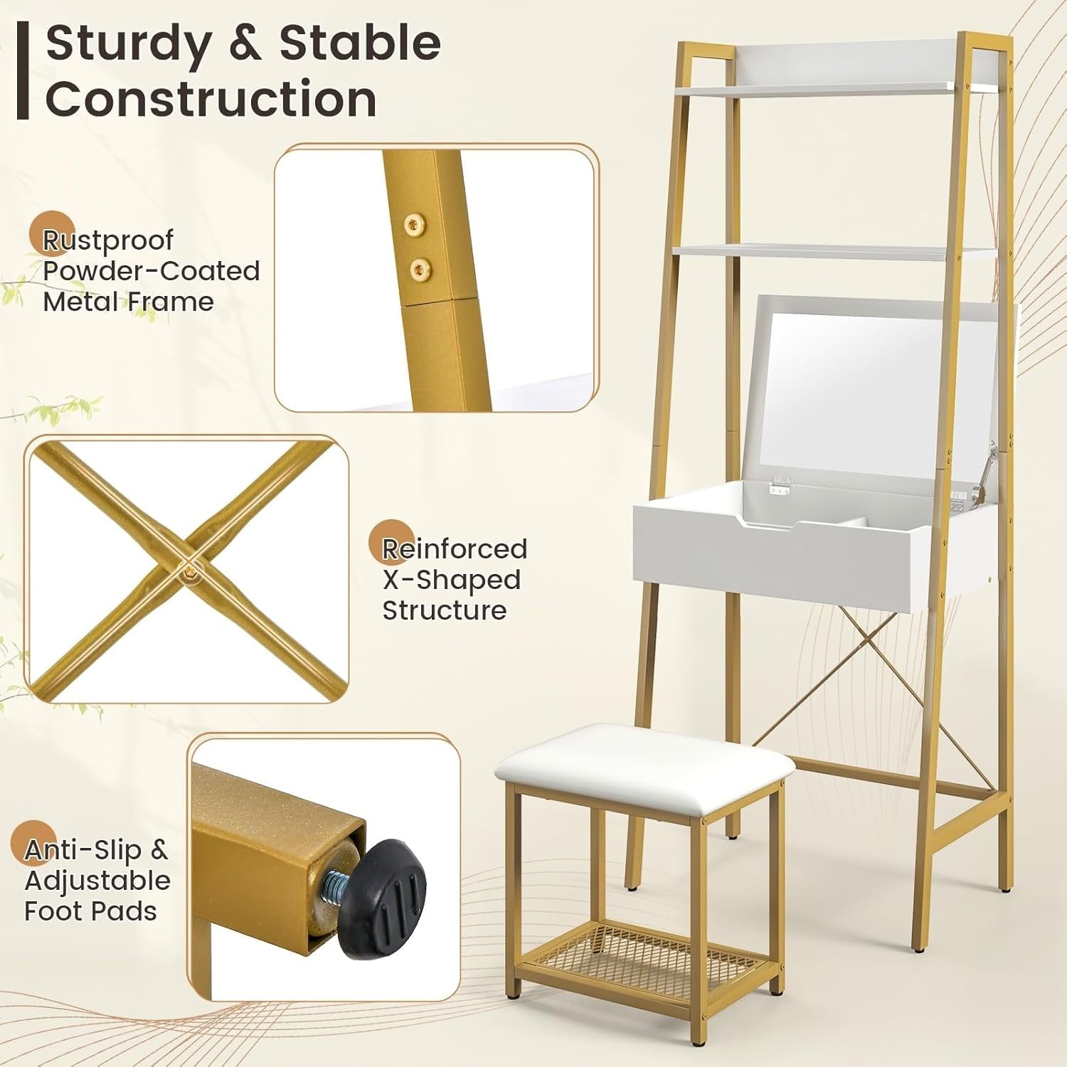 2-in-1 Flip Top Vanity Makeup Dressing Table Desk & Stool Set Storage White Gold