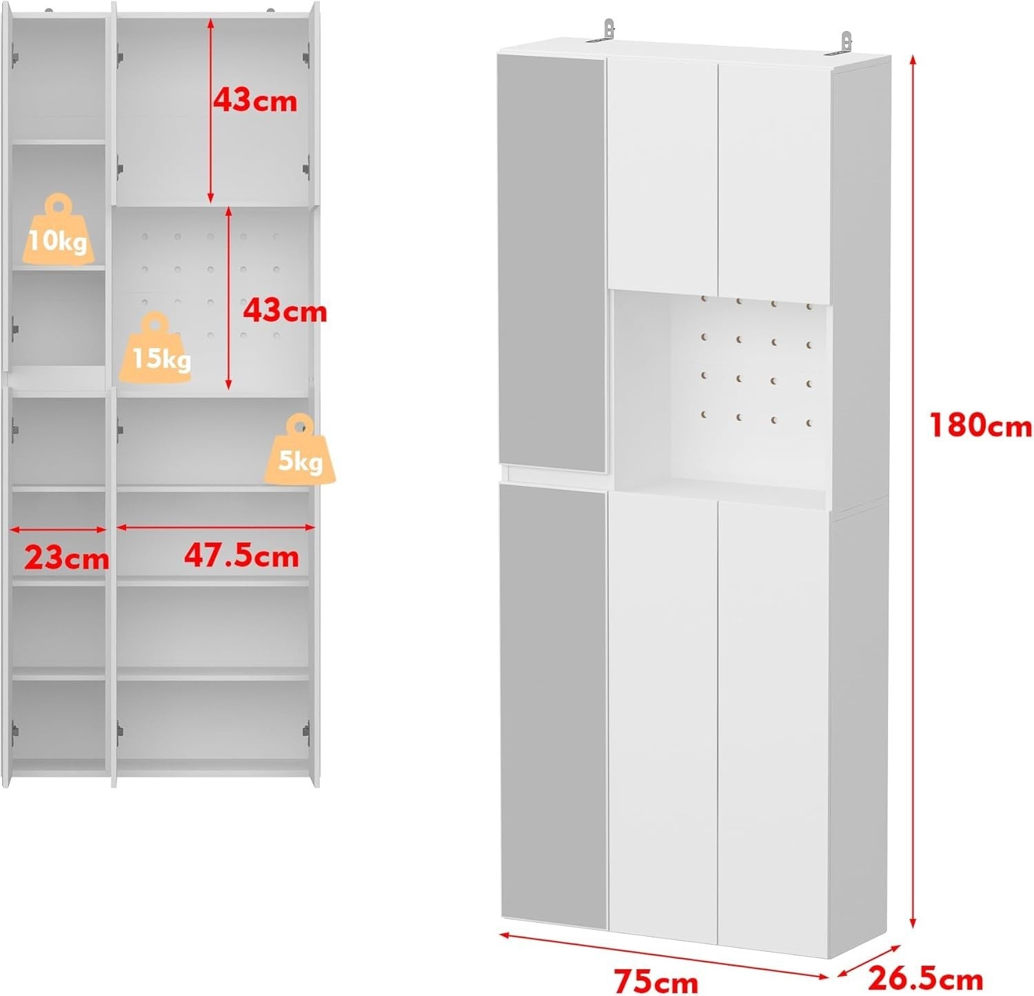 Tall White Shoe Cabinet with Full-Length Mirrors & Pegboard Storage Rack