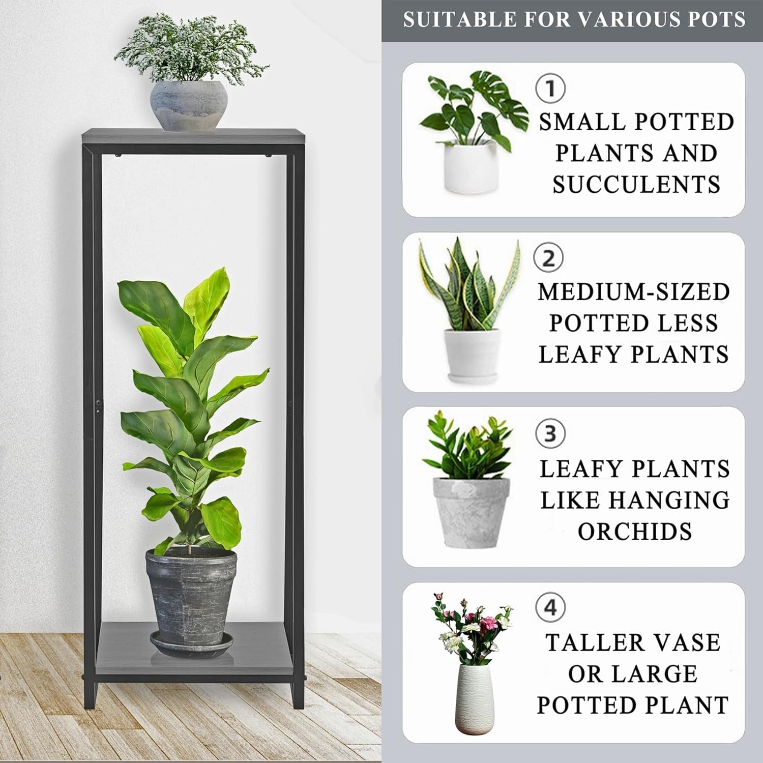 34" Tall 2 Tier Modern Plant Stand Oak Grey Indoor Corner Flower Pot Shelf
