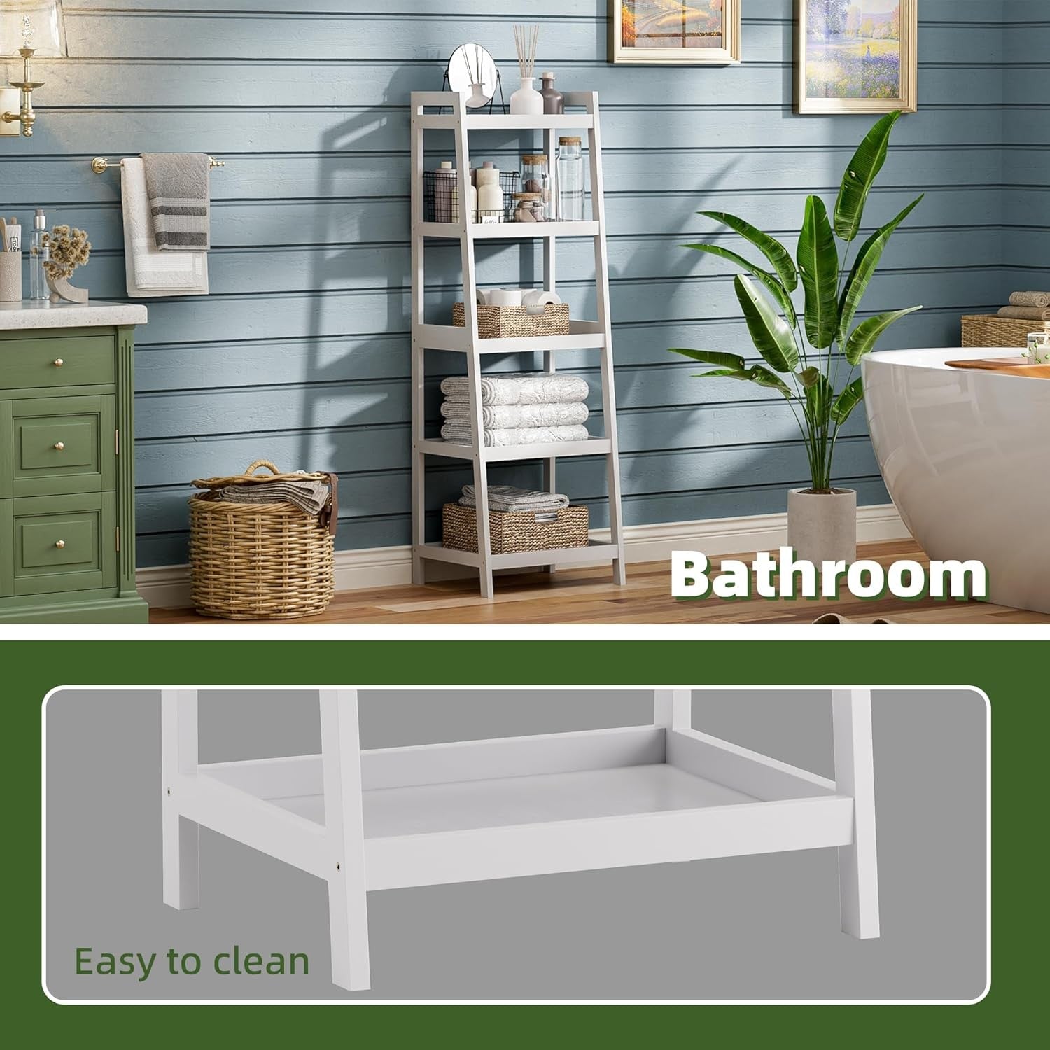 White 5-Tier Ladder Bookcase, Tall Narrow Bamboo Frame Display Storage Shelf