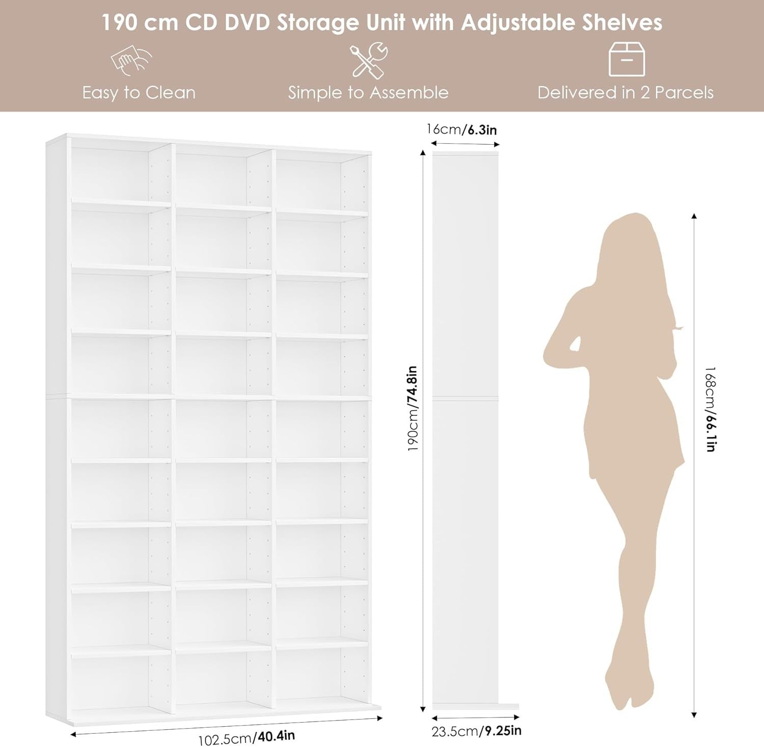 Tall CD DVD Storage Bookcase 27 Shelf Media Tower Adjustable White 190cm