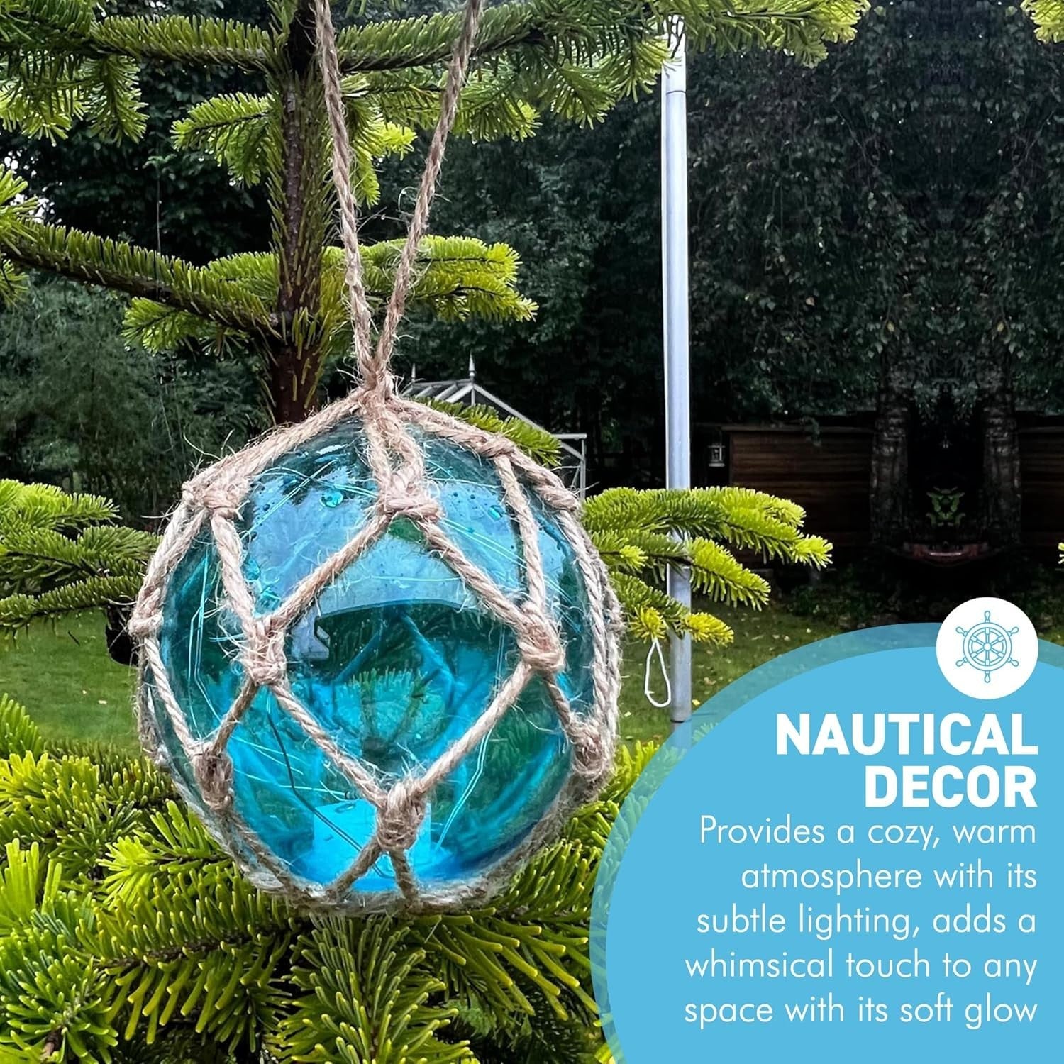 Turquoise Glass Fishing Buoy Light LED Nautical Decor Hanging Rope Beach Lamp