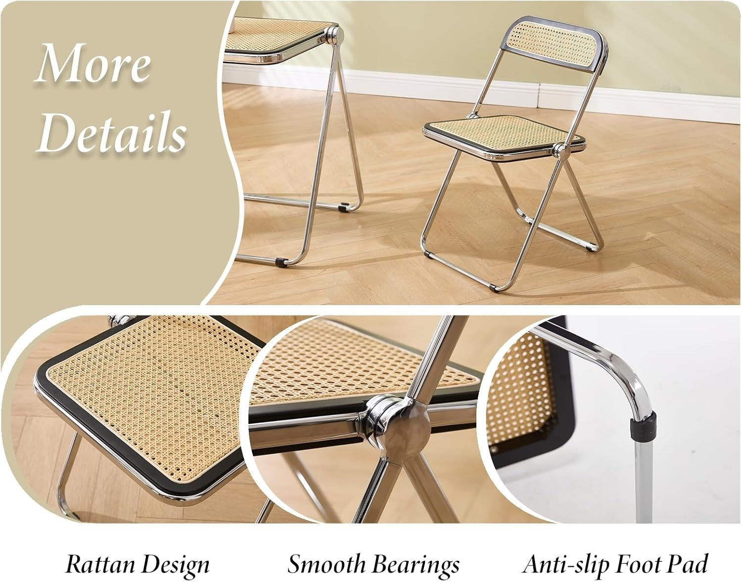 Foldable Rattan Dining Chair Space Saving Armless Side Chair for Kitchen