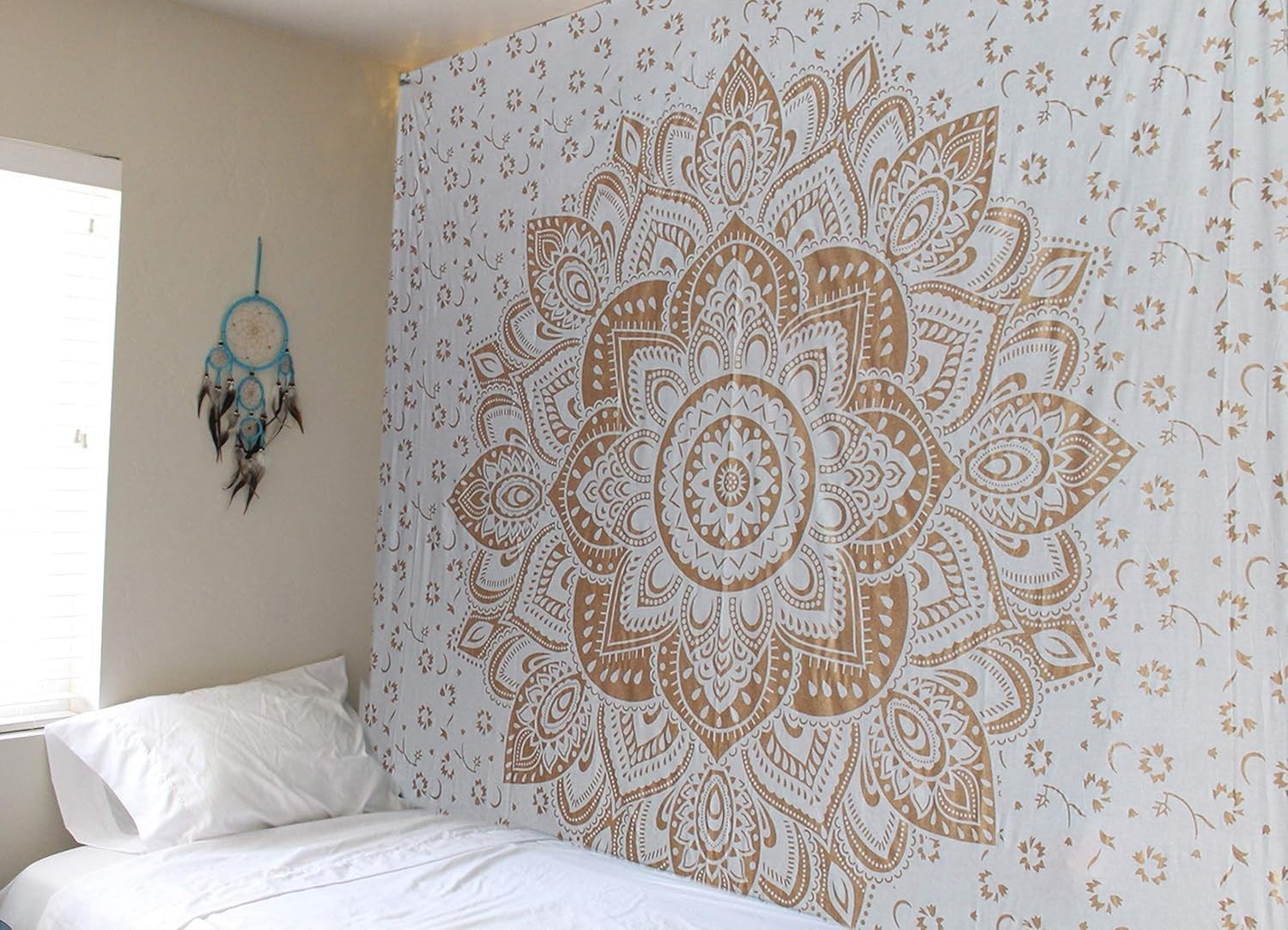Metallic Gold Mandala Tapestry 52x60in Boho Wall Hanging Cotton