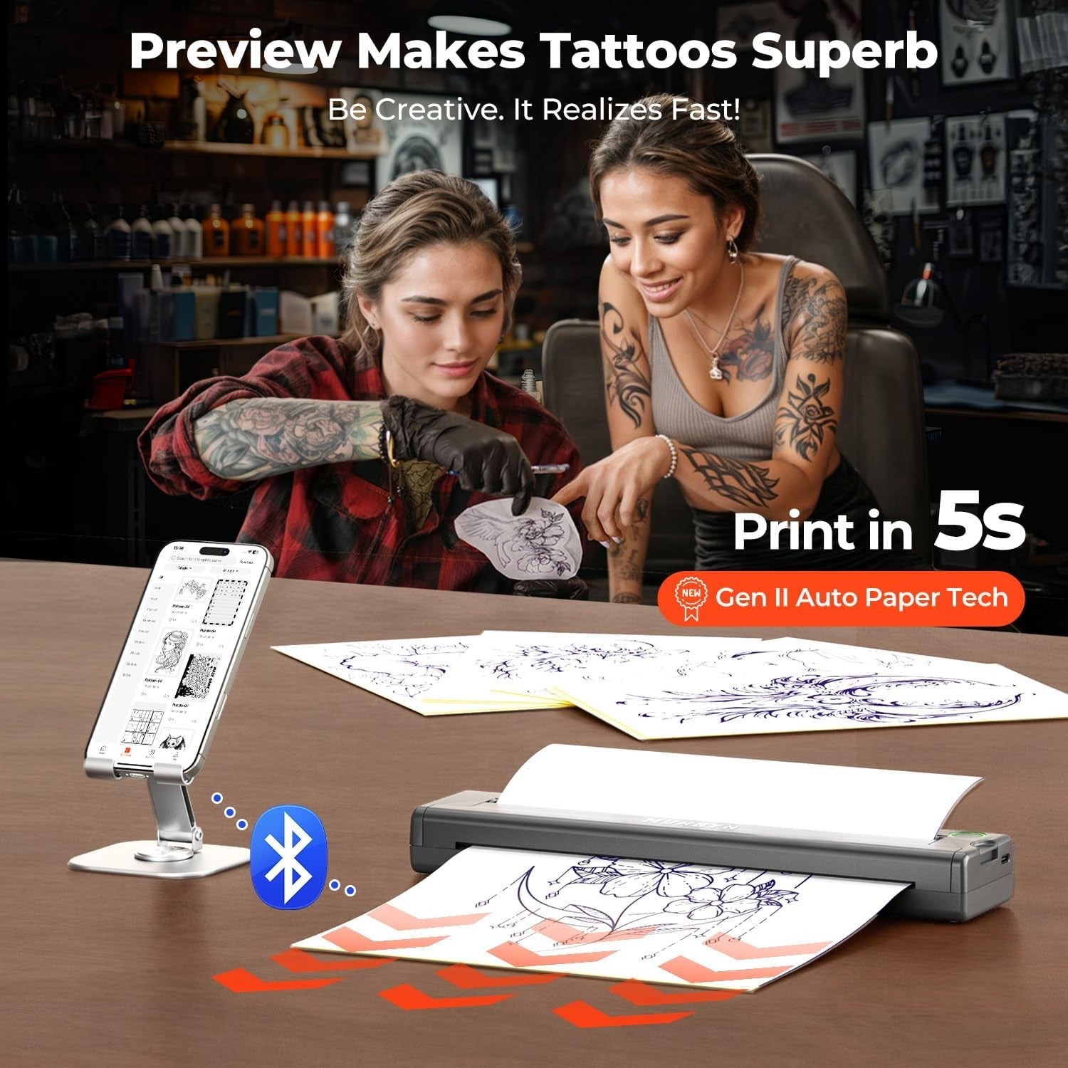 Wireless Thermal Tattoo Stencil Printer with 20 Transfer Sheets Kit