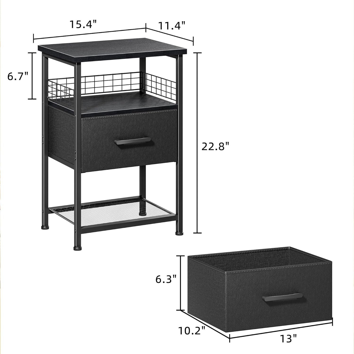 Set of 2 Modern Black Bedside Tables with Drawers & Shelves – 3-Tier Nightstands