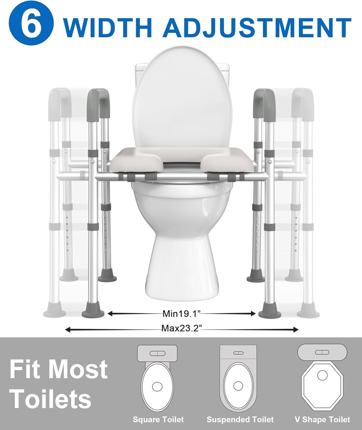 Raised Toilet Seat with Handles Height Adjustable Non-Slip 400lbs Support