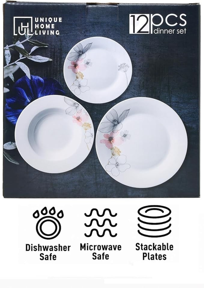 12pc White Ceramic Dinnerware Set Plates Bowls Service for 4 Floral