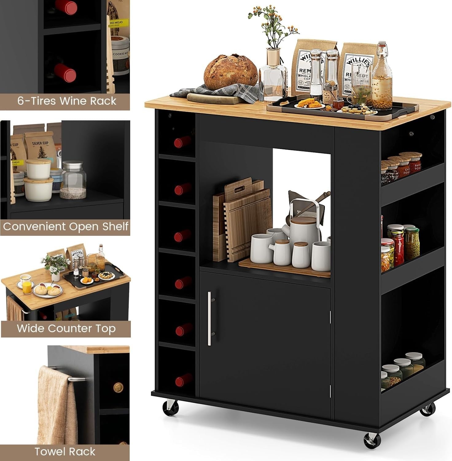 Kitchen Island on Wheels Bamboo Top Wine Rack Cabinet