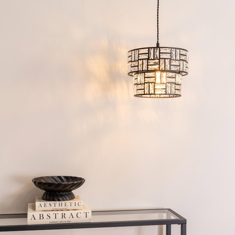 Black Drum Ceiling Lamp Shades Pair Acrylic Jewel Tiered Easy Fit 27cm