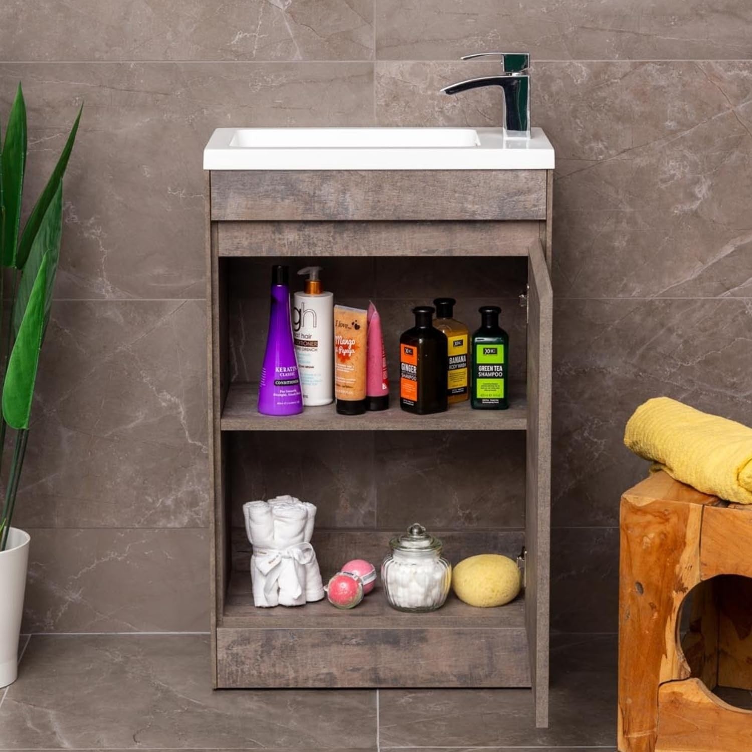 550mm Brown Wood Floor Standing Vanity Unit with Polymarble Basin & Soft Close
