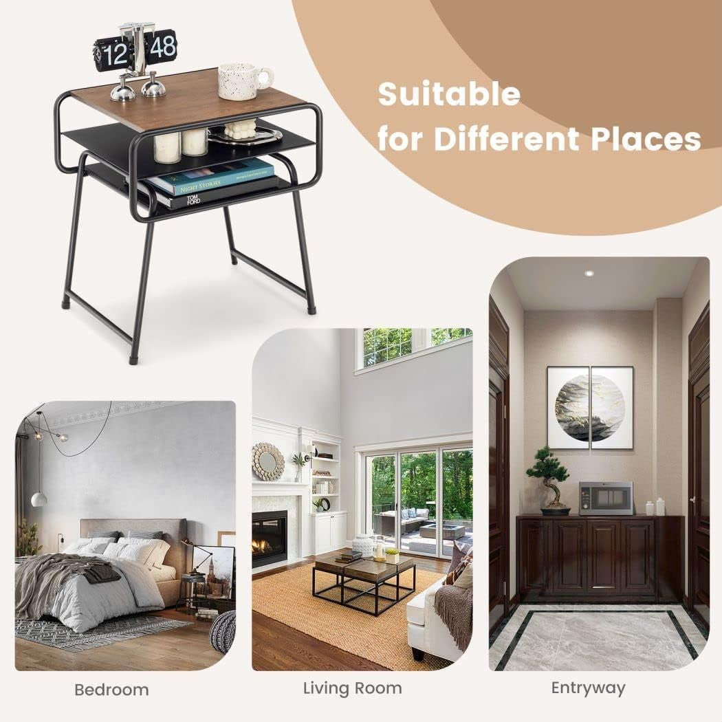 3-Tier Modern Side Table | Metal Frame Sofa End Table with Storage Shelves 40×51
