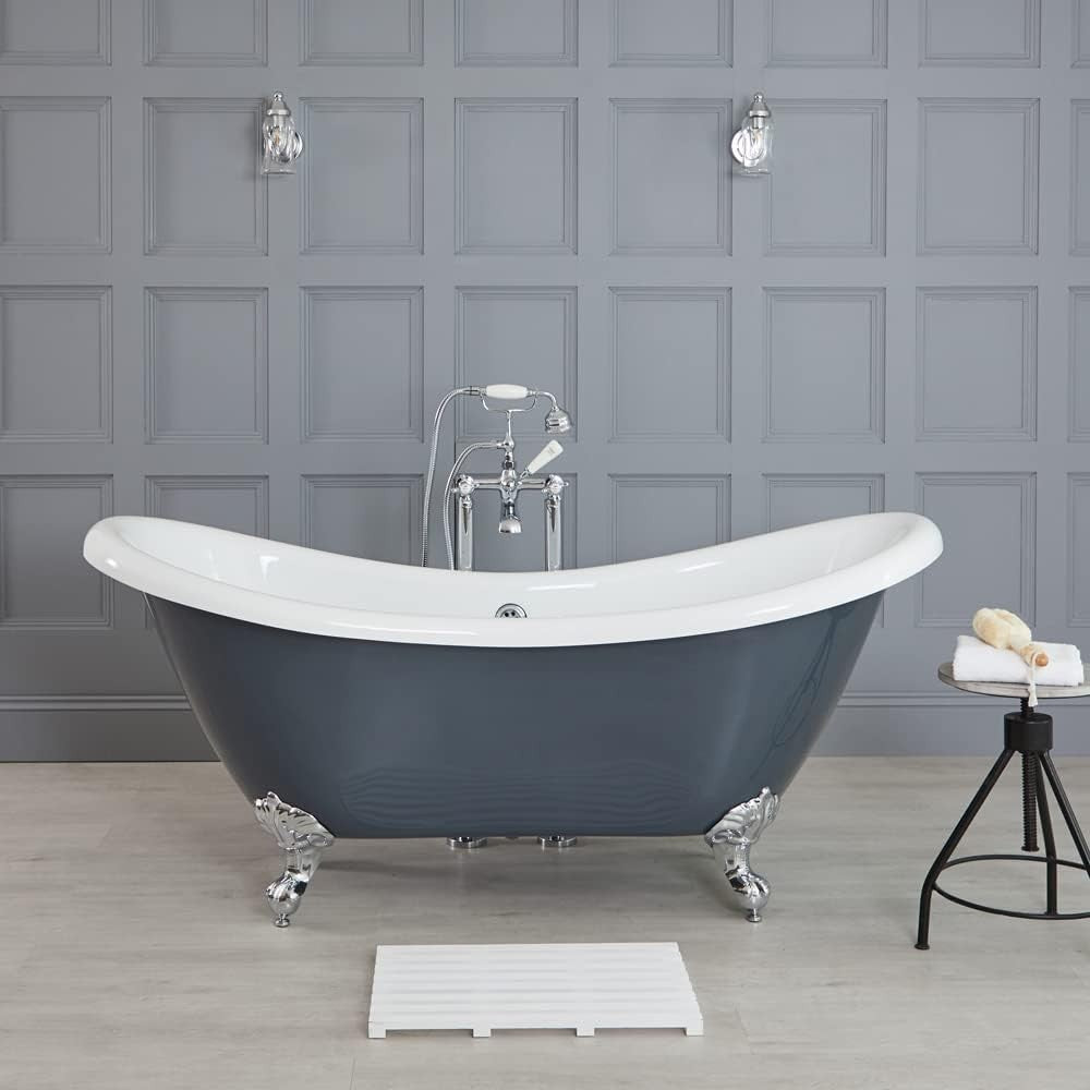 1750x730mm Freestanding Double Ended Slipper Bath Stone Grey Acrylic w/ Chrome