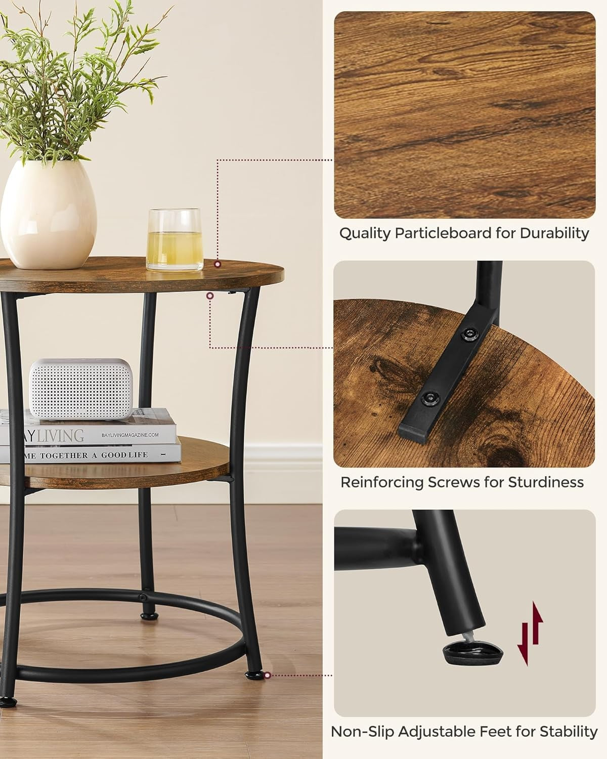 Industrial Round Side Table with 2 Shelves, Rustic Wood End Table for Bedroom