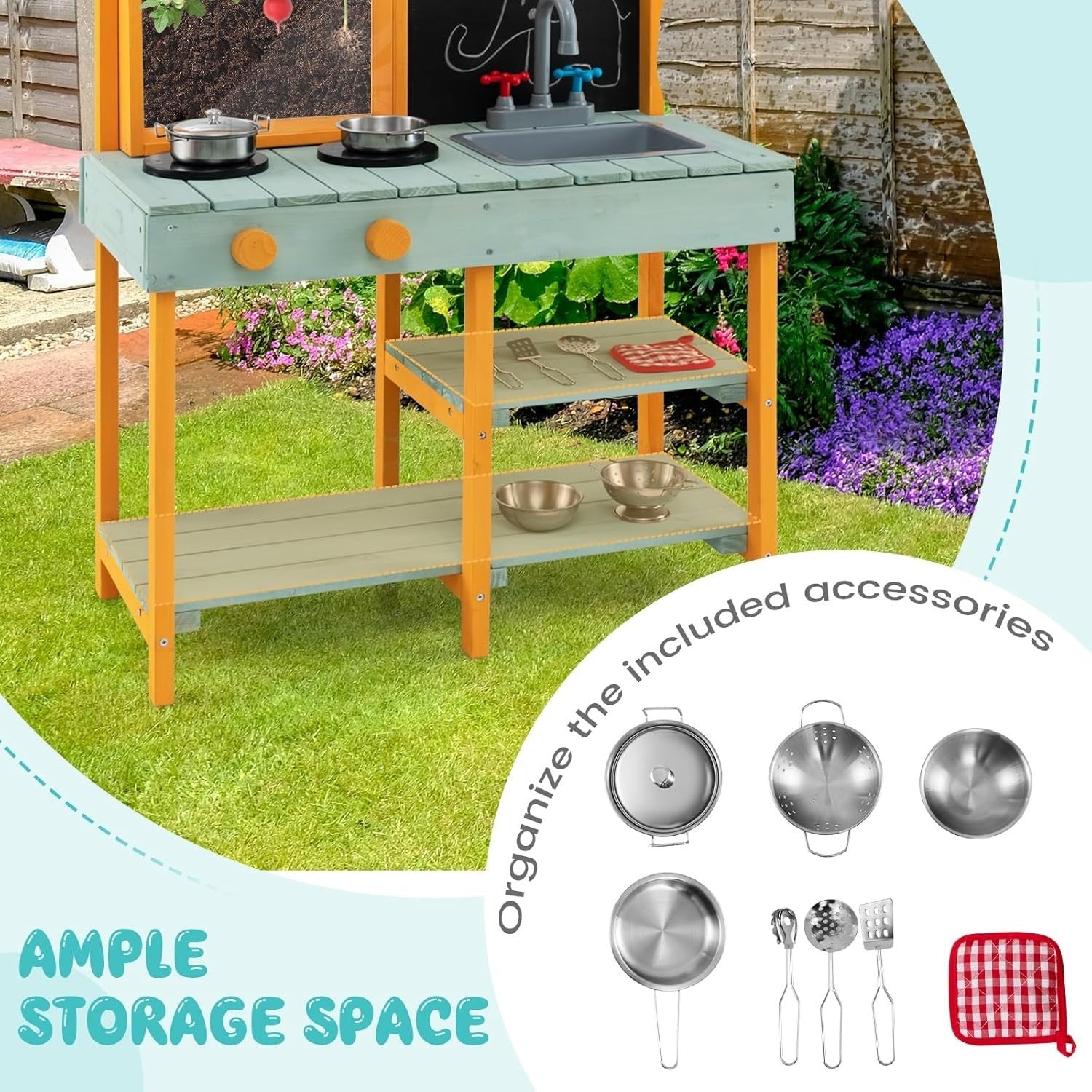 Outdoor Wooden Mud Kitchen Kids Playset Sink Chalkboard Planter Set