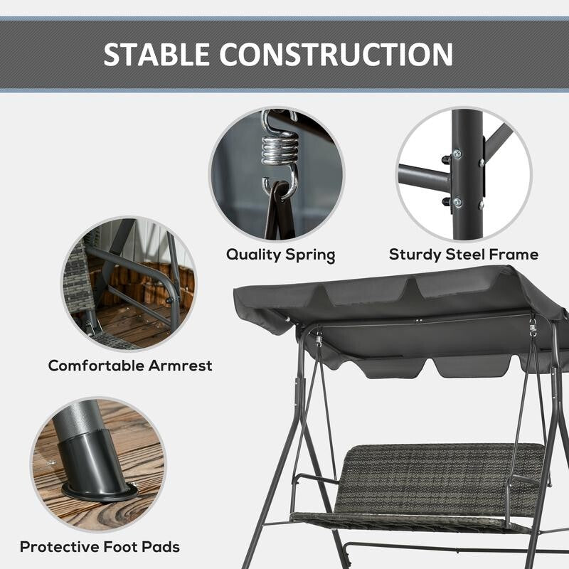 3-Seater Grey Rattan Garden Swing Chair with Canopy Outdoor Patio Seat