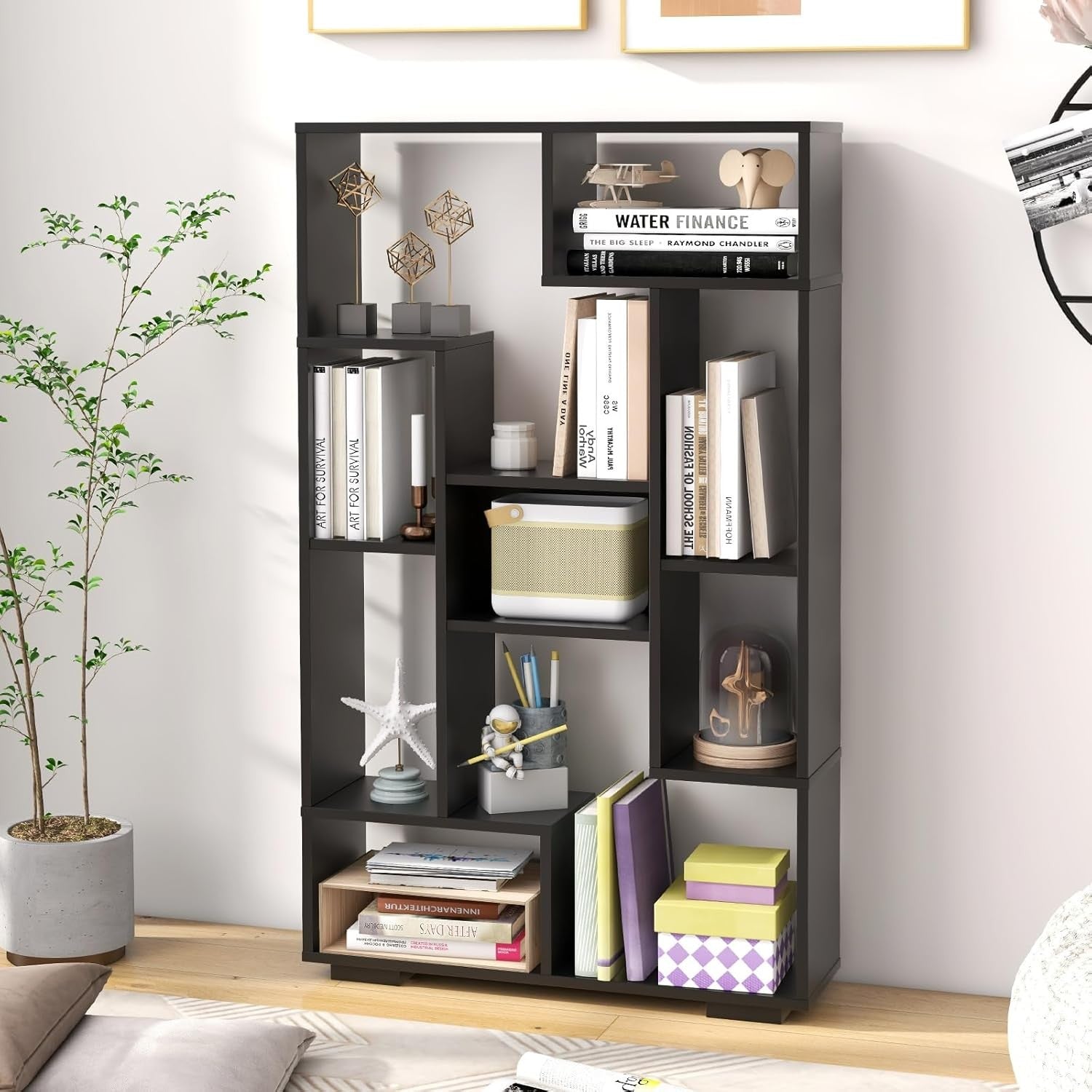 Geometric 11-Cube Bookcase Black | Modern Open Shelving Unit | Freestanding