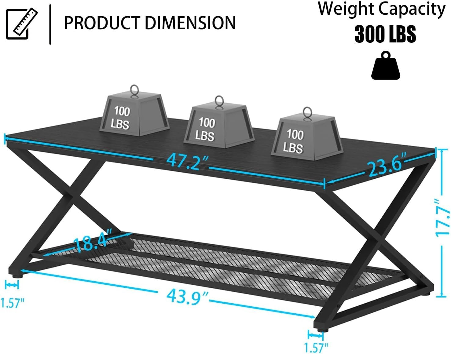 Modern Black Oak Coffee Table with Shelf – Industrial 2 Tier Rectangular Center