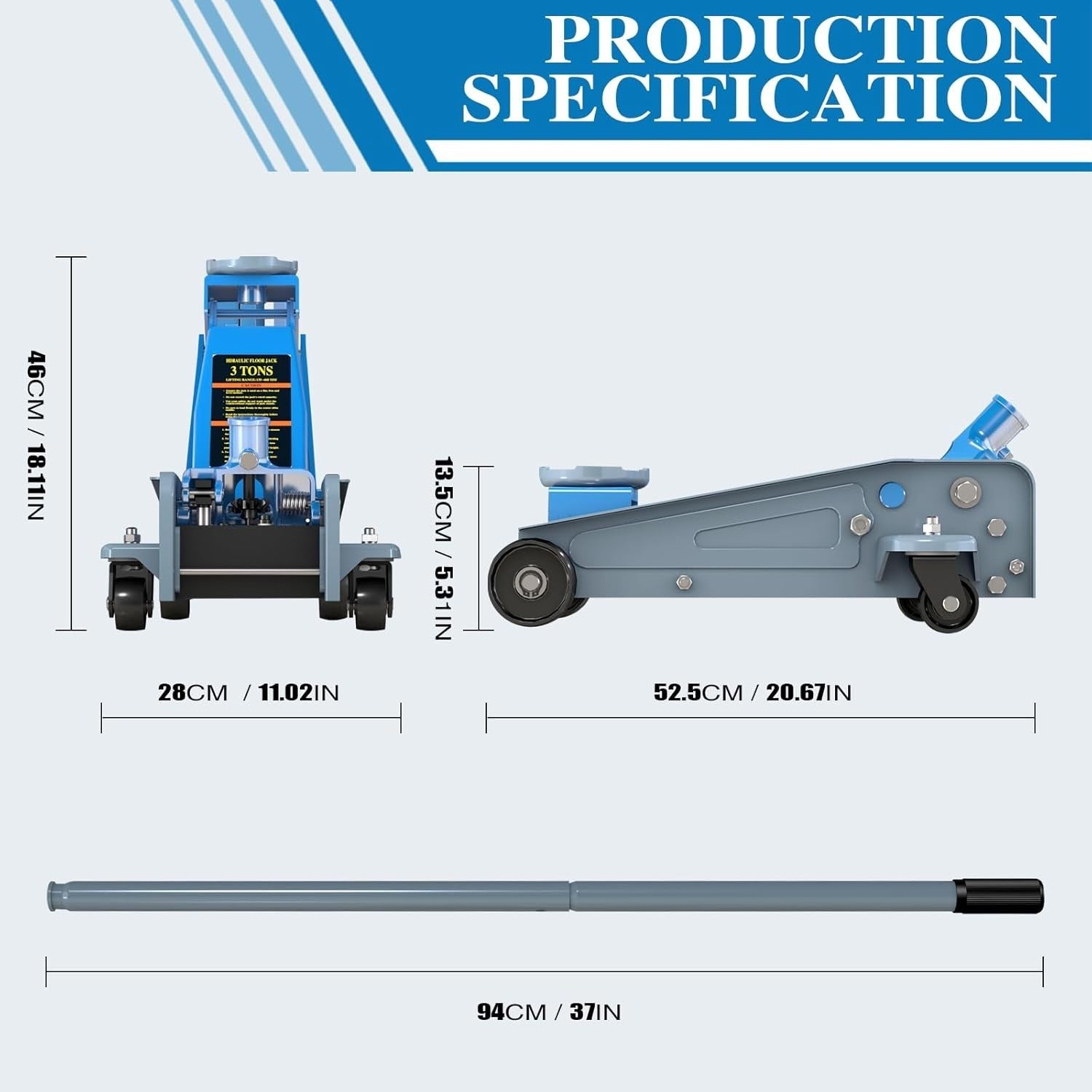 3 Ton Hydraulic Floor Jack 13.5–46cm Heavy Duty Fast Lift Carbon Steel Blue