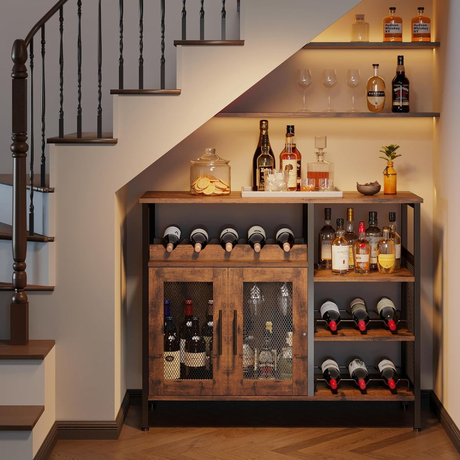 Rustic Wine Bar Cabinet with Glass Holder & Bottle Rack, Sideboard Buffet Unit