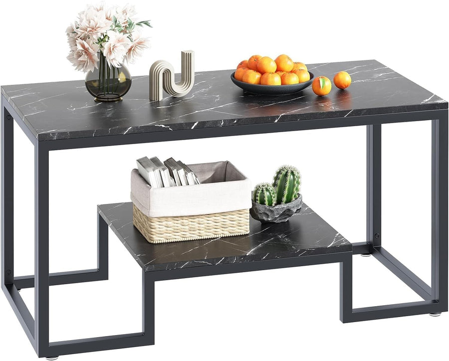 Black Marble Coffee Table with Storage – Modern 2-Tier Metal Frame 100cm
