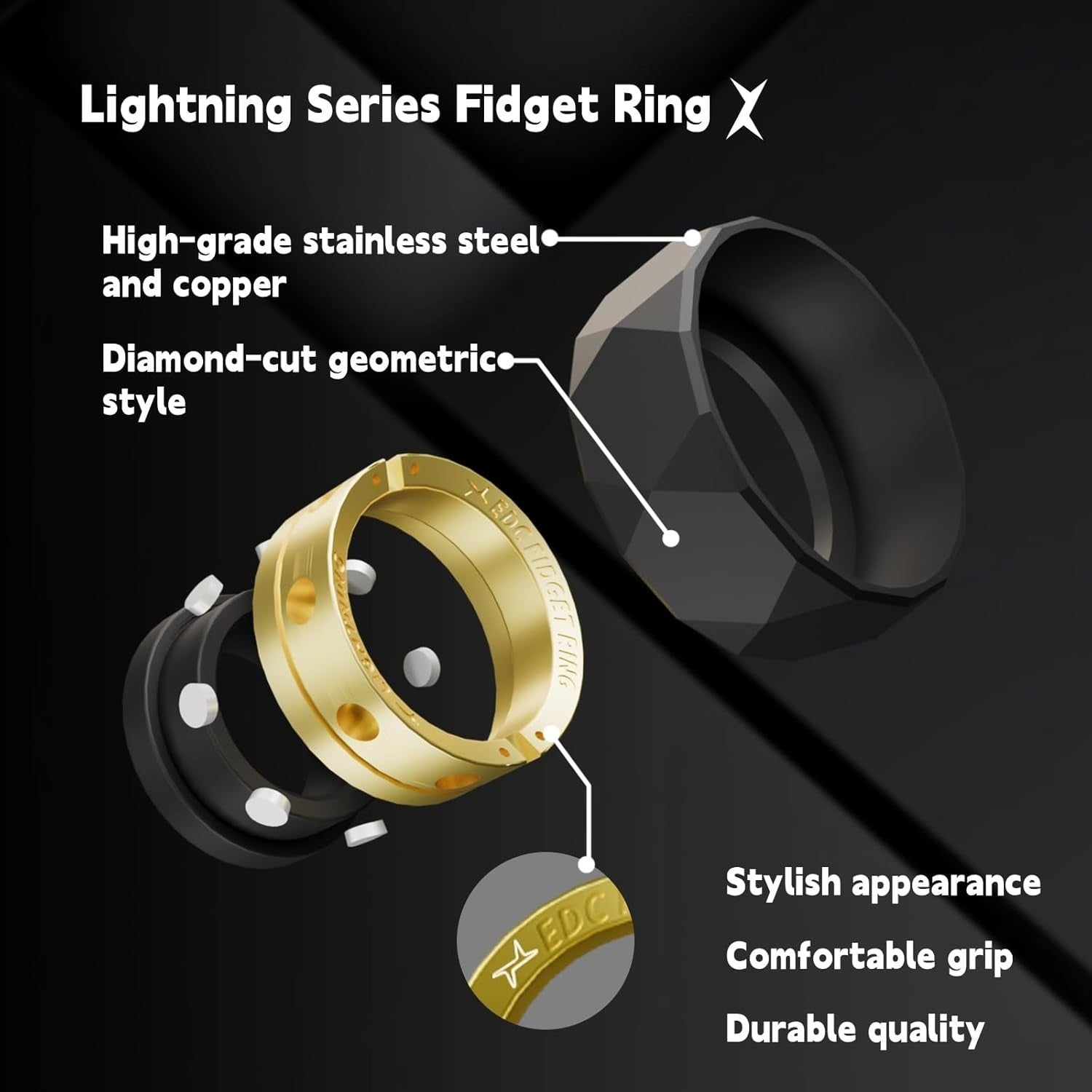 Matte Black Stainless Steel Fidget Ring Spinner Silent Click Stress