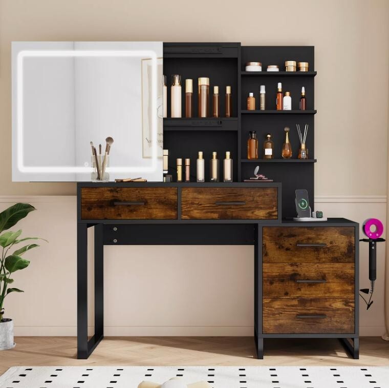 LED Vanity Dressing Table Sliding Mirror Makeup Desk USB Outlets Drawers