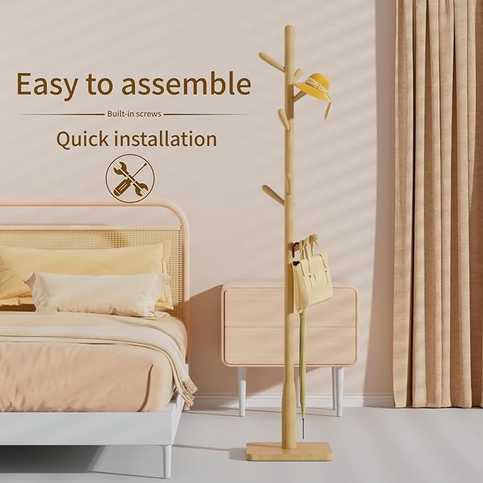 Natural Wood Coat Rack 8 Hooks Square Base Freestanding Hall Tree Stand