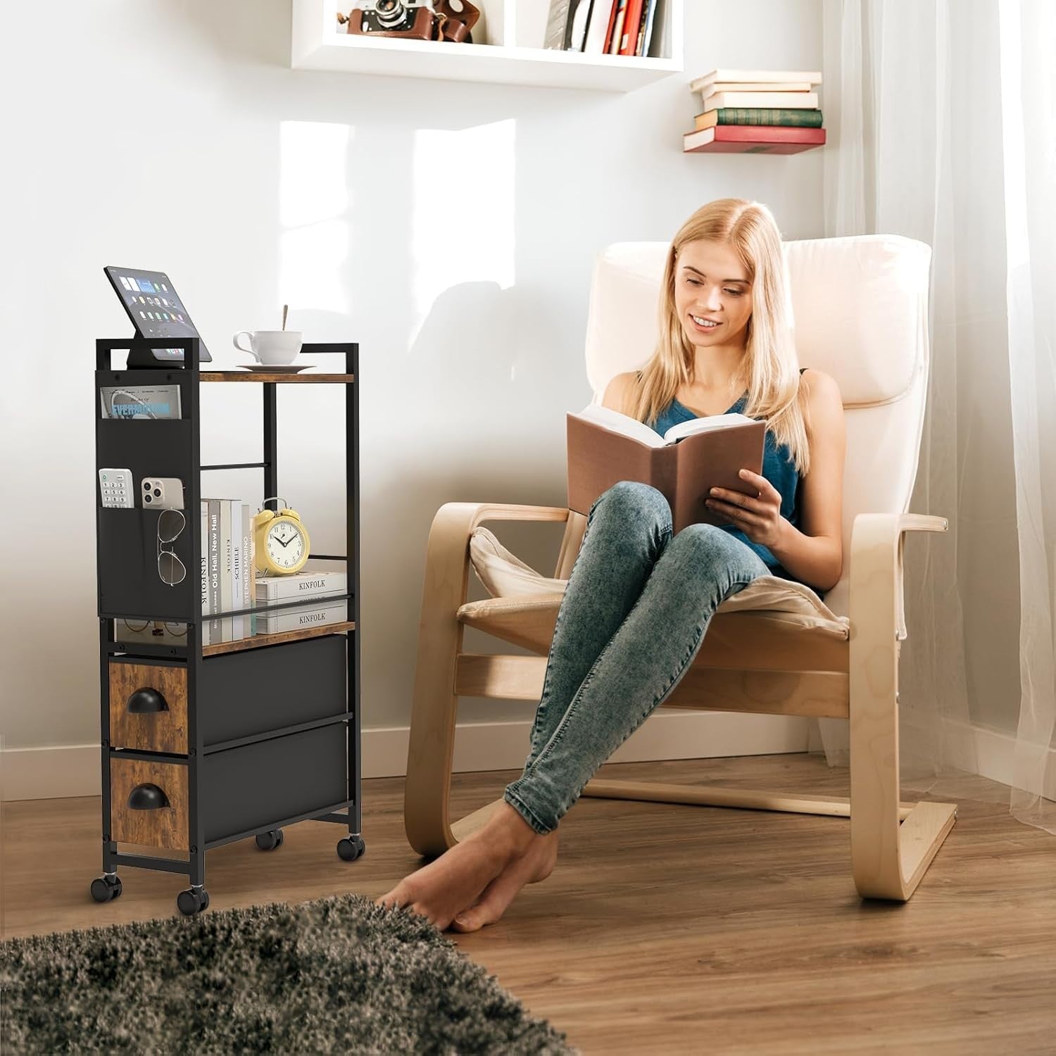 Retro Black Narrow Side Table 42x20x80 cm | Slim Nightstand w/ Drawers & Storage