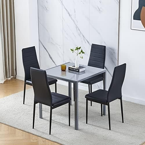 Square Glass Dining Table Set 4 Chairs Modern Space Saving Grey Black Leather