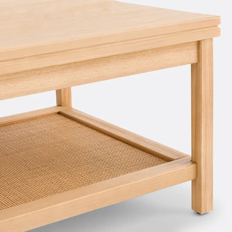 Scandi Pine Cane Coffee Table 120x60cm Double Shelf Natural Wood Look