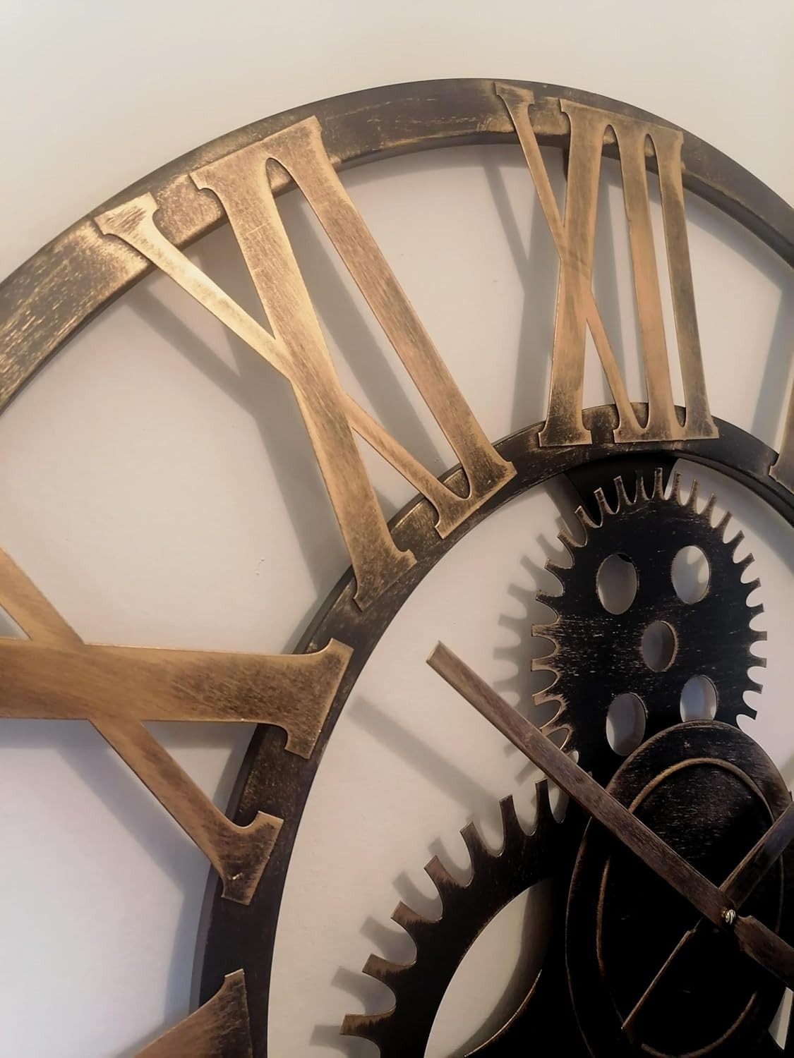 Large Rustic Gold Metal Skeleton Wall Clock - Silent Roman Numerals Decor