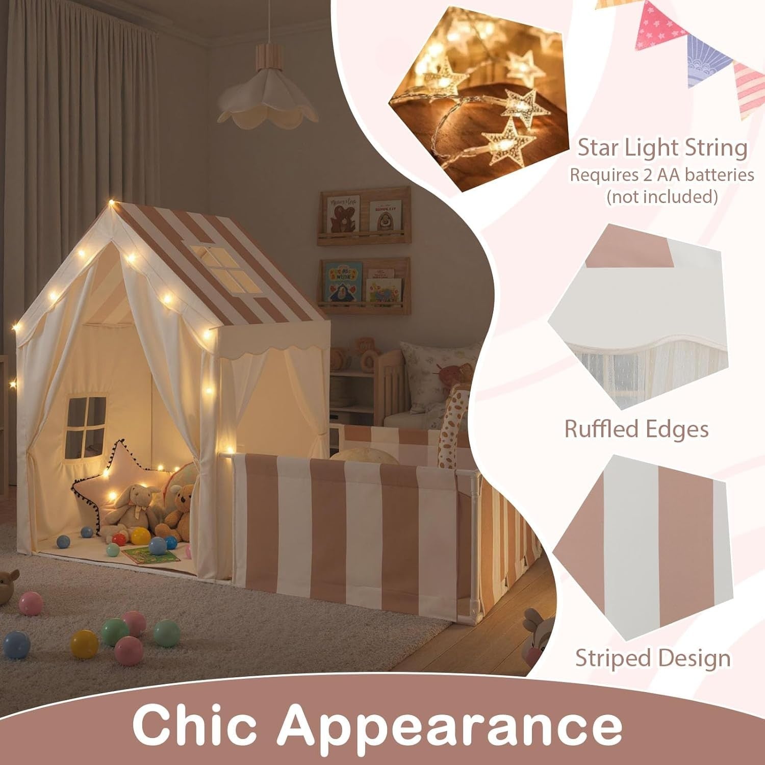 Kids Play Tent Beige Coffee Castle with Lights Mat Indoor Toddler Playhouse
