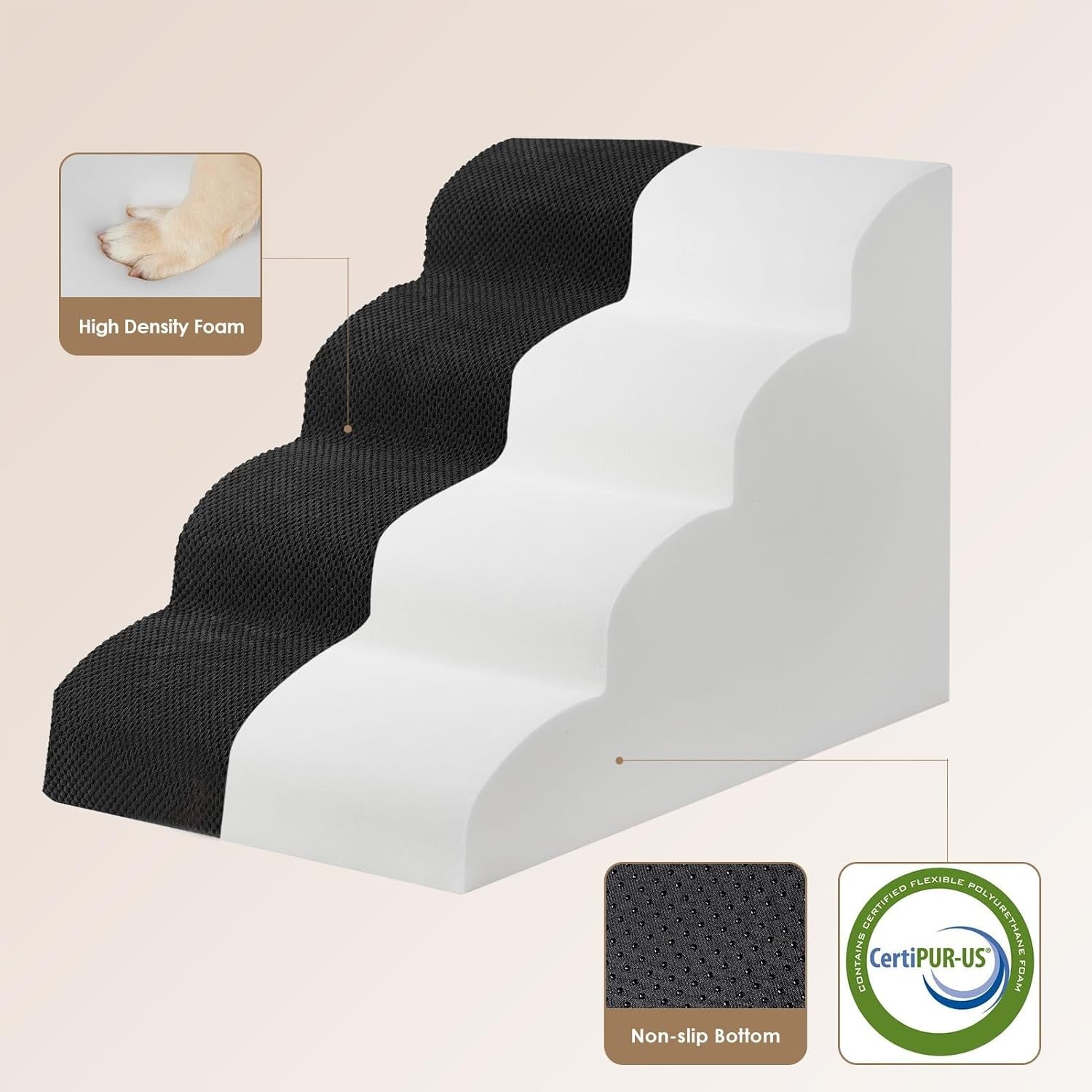 4 Step Dog Stairs for High Bed Non Slip Foam Pet Steps Washable Black