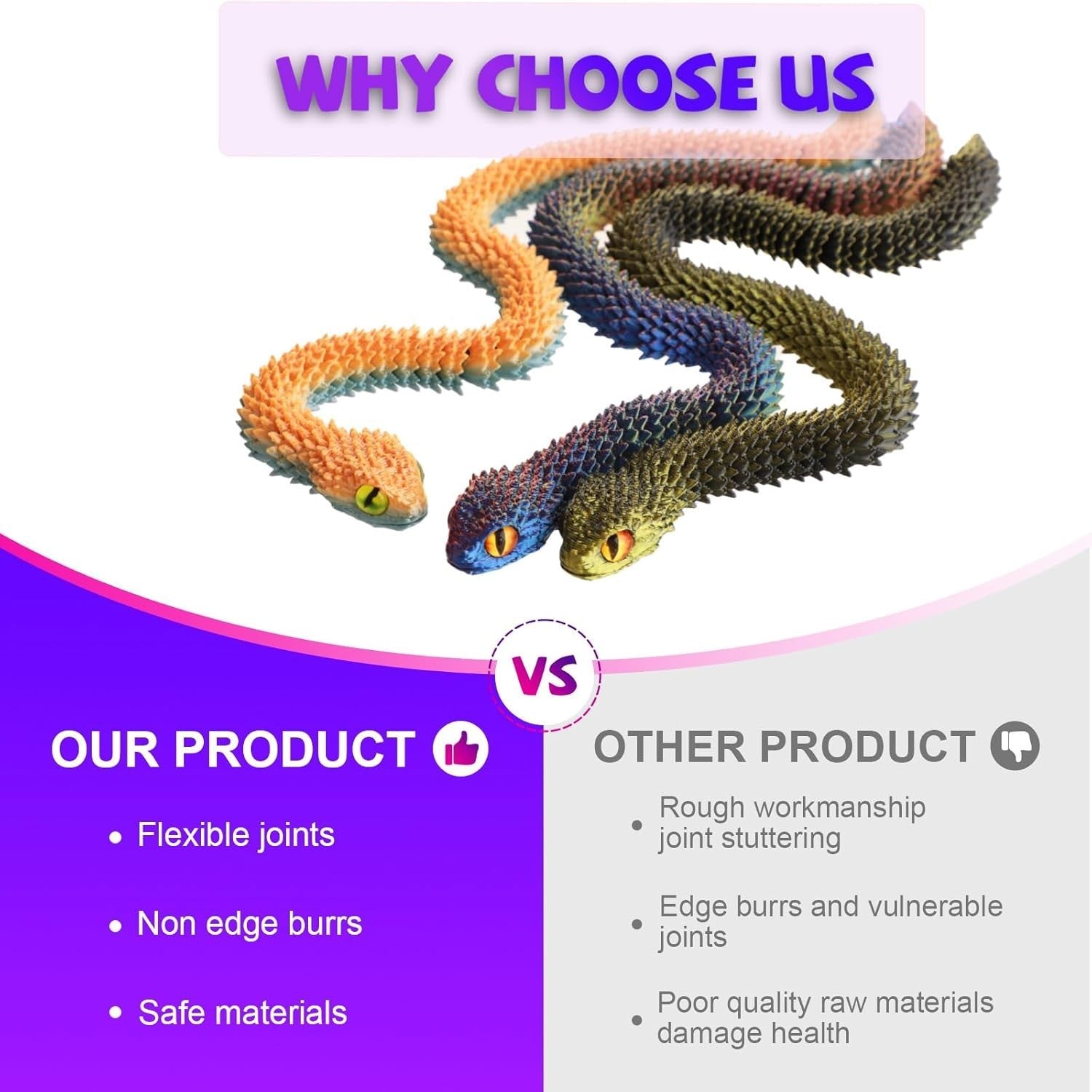 3pcs 3D Printed Mini Snake Fidget Toy Desk Stress Relief Set