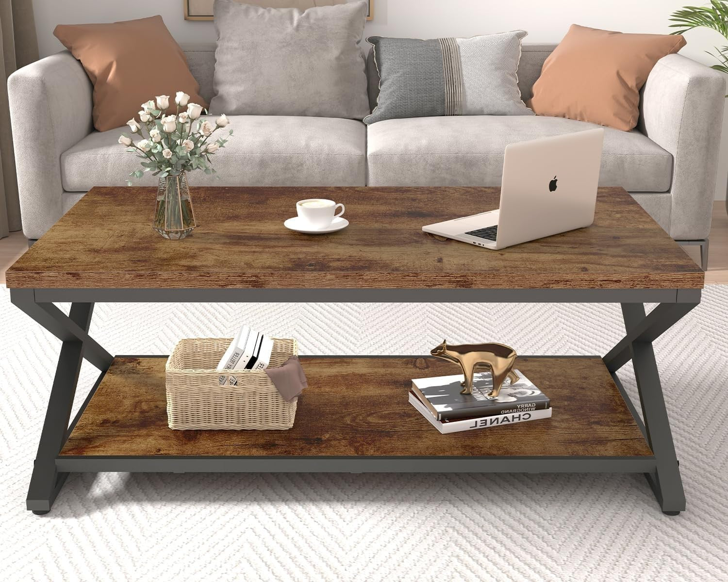 Rustic Wood Coffee Table with Storage Shelf – Modern Farmhouse 39" Rectangular