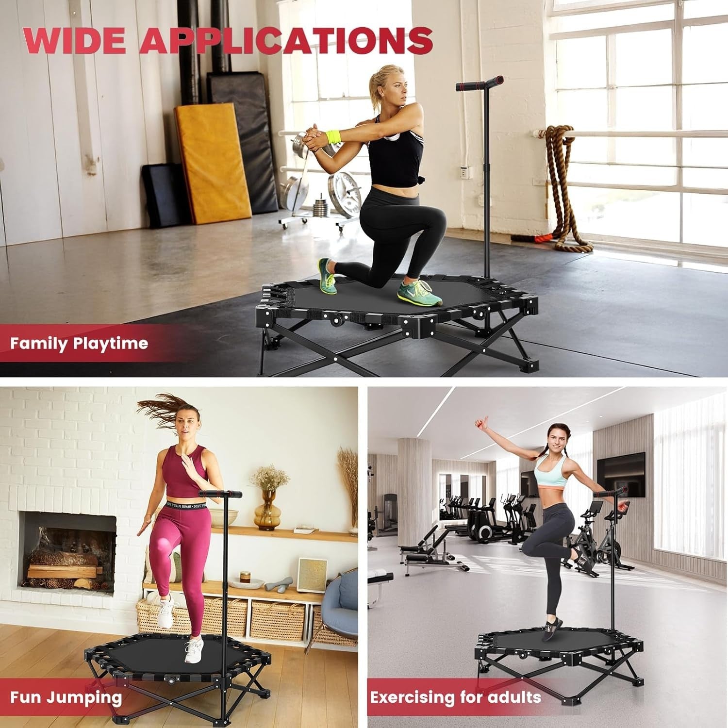 Foldable Fitness Trampoline Indoor Rebounder w Adjustable Handle 150kg