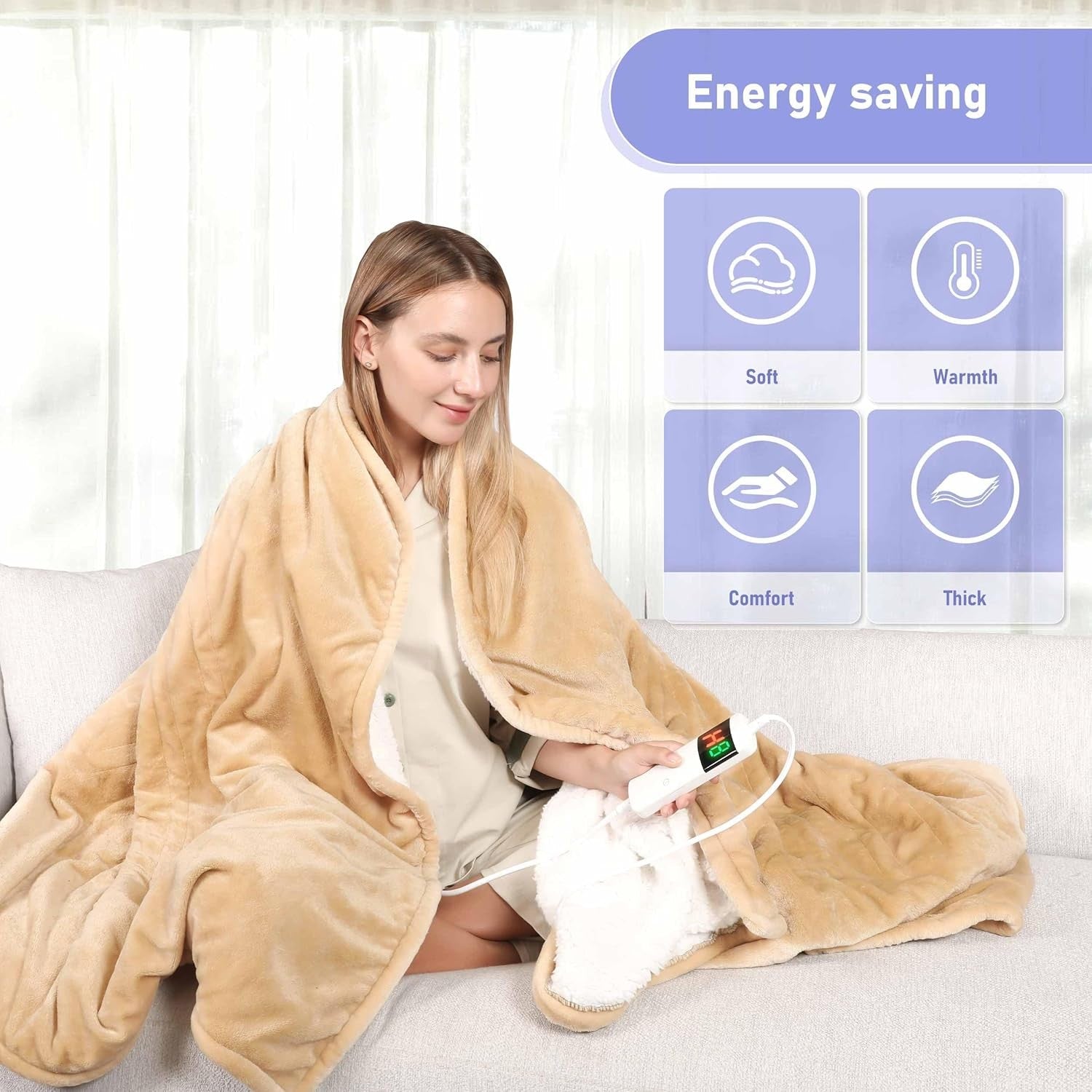 Electric Heated Throw Blanket Khaki 130x160cm Sherpa Fleece 10 Heat Timer