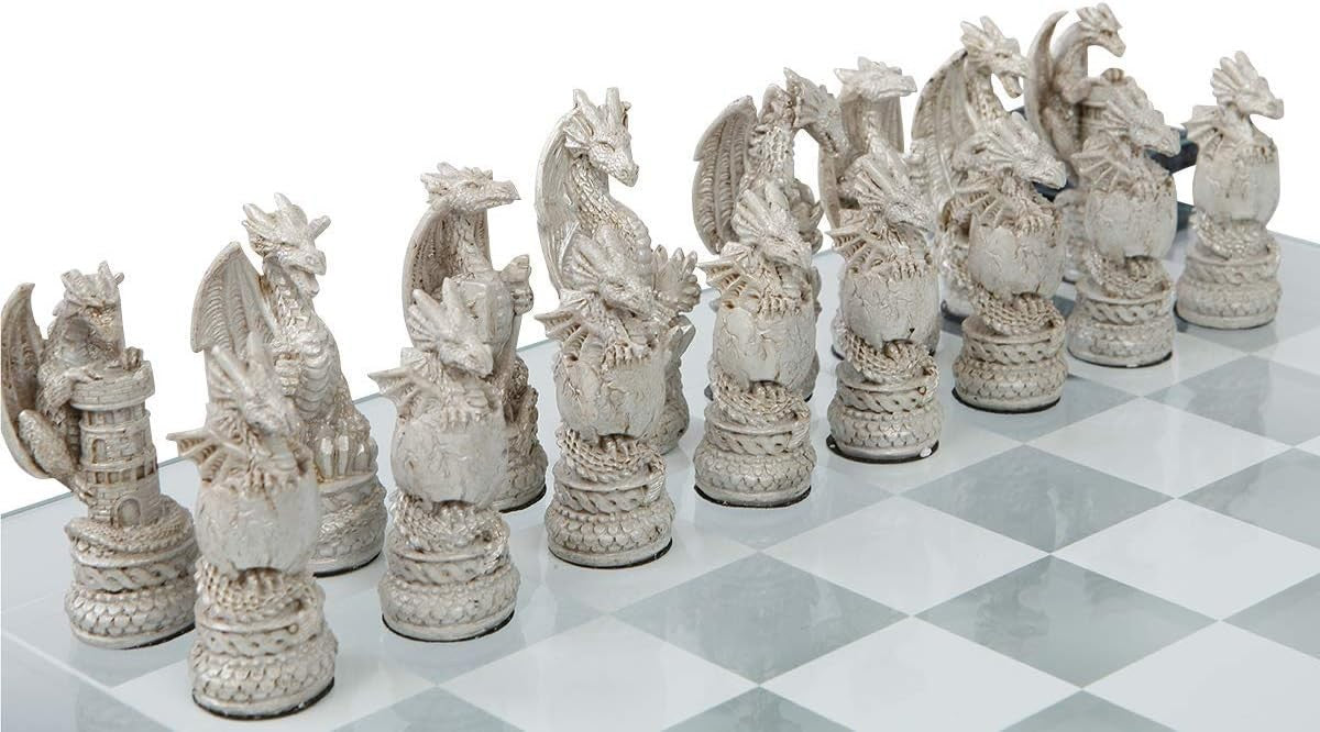 Luxury Dragon Chess Set 43cm | Hand-Painted Resin Pieces on Glass Board