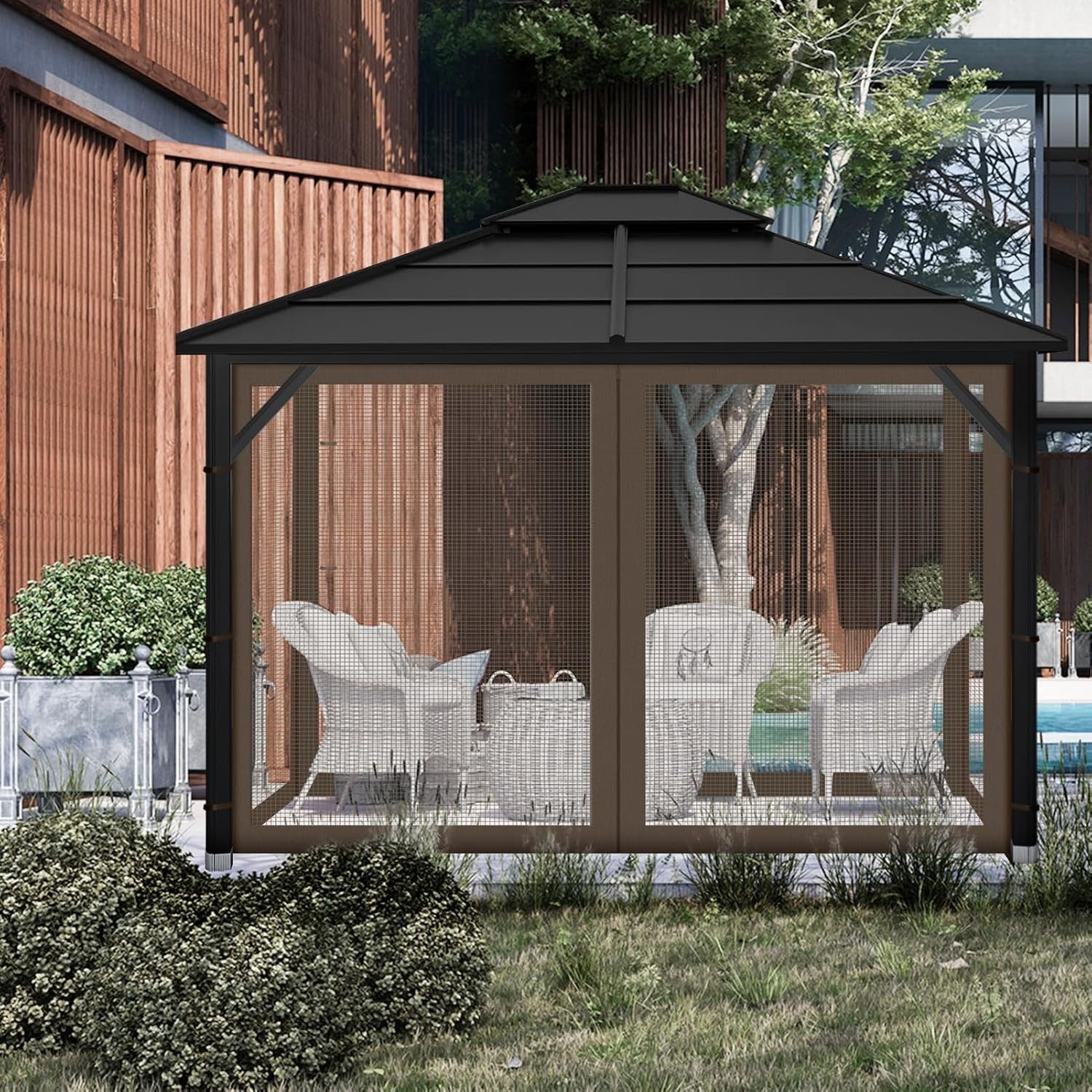 10x12ft Brown Gazebo Mosquito Netting 4 Panels Zipper Sidewalls Outdoor