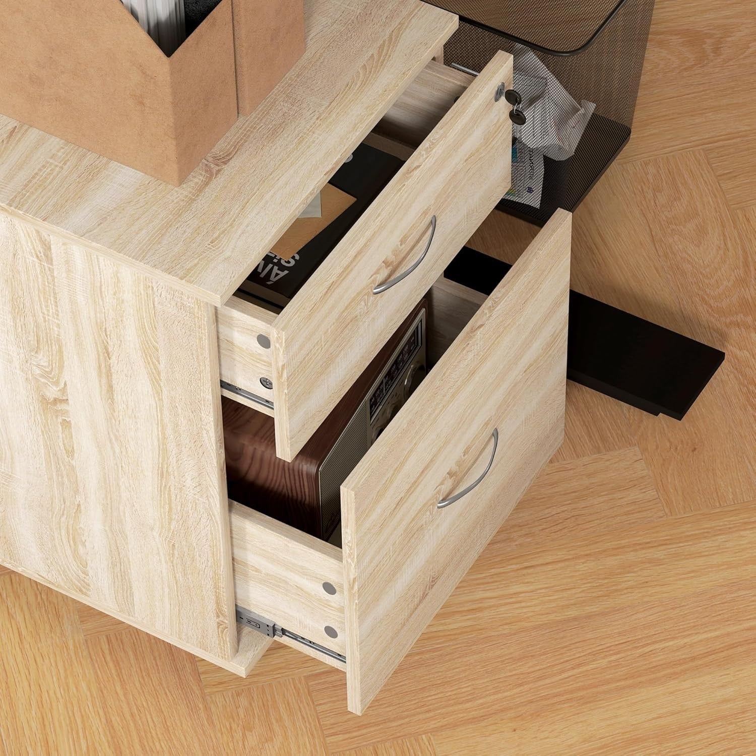 Oak Effect Locking Rolling File Cabinet 2 Drawer Under Desk Printer Unit