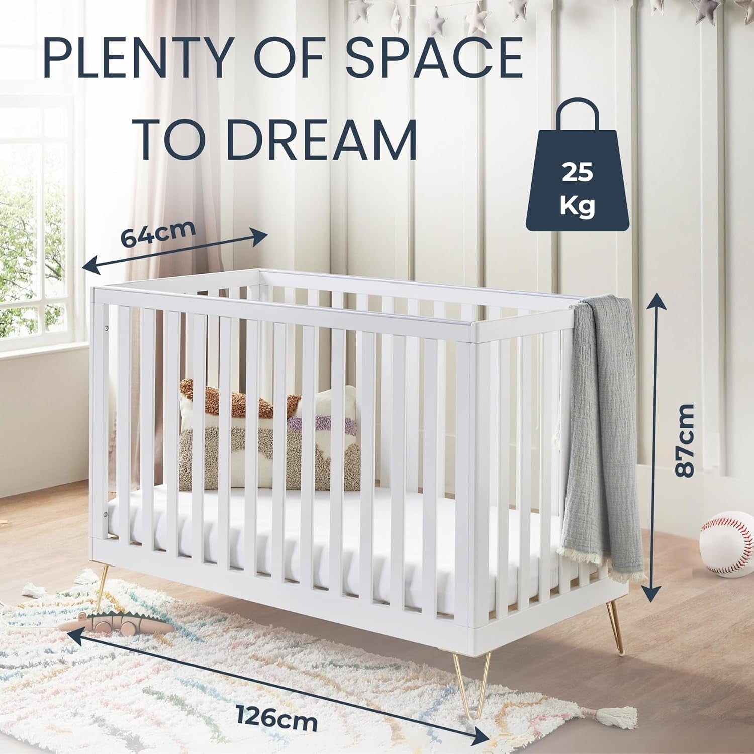 Baby Cot Bed Convertible Toddler Bed Adjustable Height Modern Design White
