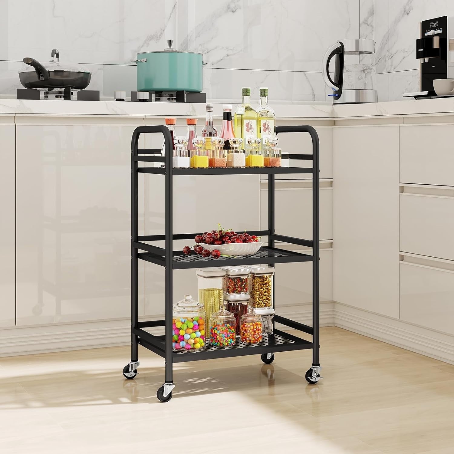 3 Tier Rolling Utility Cart Heavy Duty Metal Storage Trolley Black