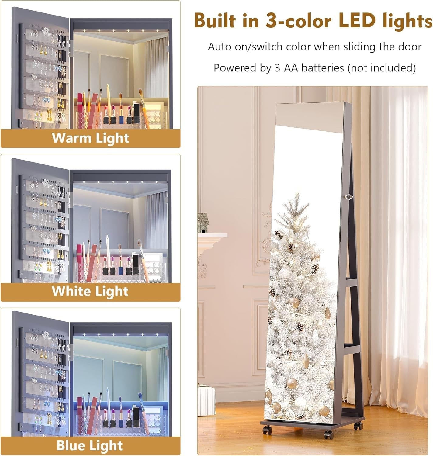 360° Swivel Jewelry Cabinet LED Full Length Mirror Rolling Storage Gray