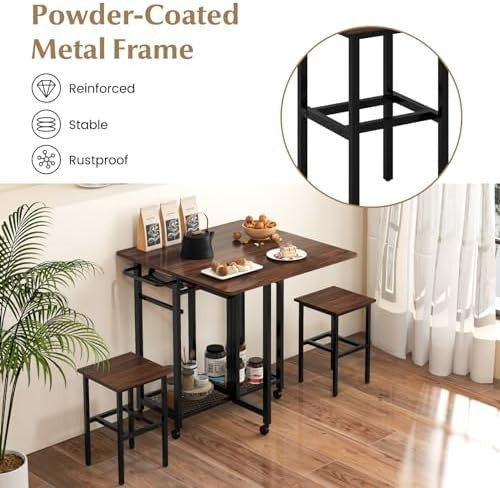 Extendable 3-Piece Dining Table Set with Stools & Wine Rack Walnut Black