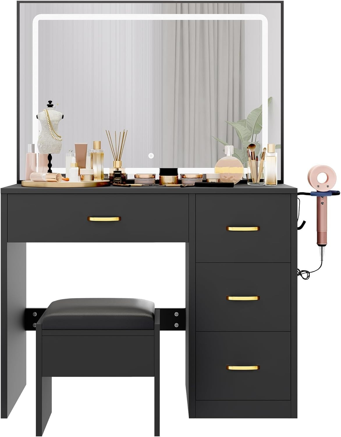 Vanity Makeup Dressing Table w/ Mirror & Lights, Charging Station, 4 Drawers, Bl